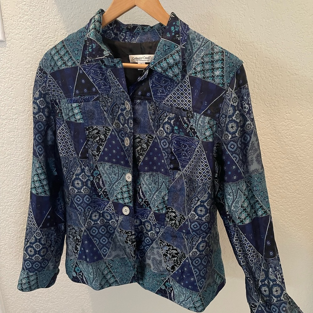 Turquoise and Blue Patchwork Jacket by Coldwater Creek (Size PL)
